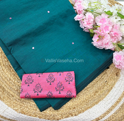 Poly Silk Mixed Cotton - Mirror Work Embroidery - Ramar Green with Pink - VVPCM001