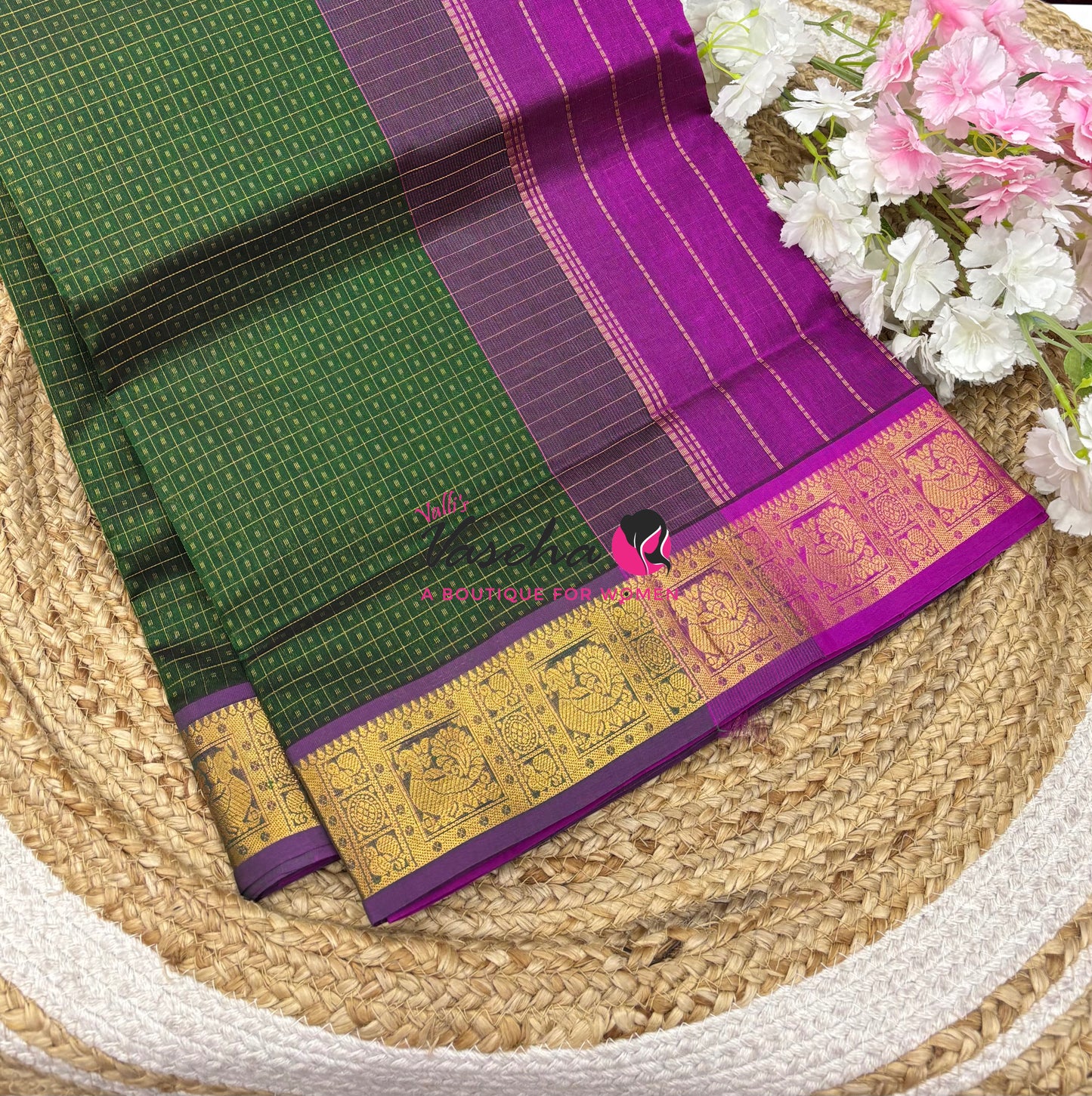 Pure Silk Cotton Saree - Green With Purplish Pink - Lakshadeepam Design - VVPLD004