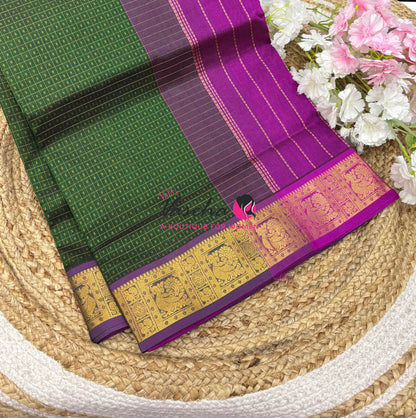 Pure Silk Cotton Saree - Green With Purplish Pink - Lakshadeepam Design - VVPLD004
