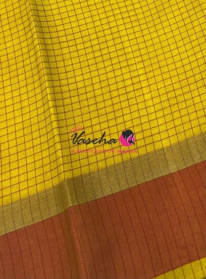 Semi Silk Saree - Thread Work Weaving - Yellow With Rust Orange - VVSSS0038