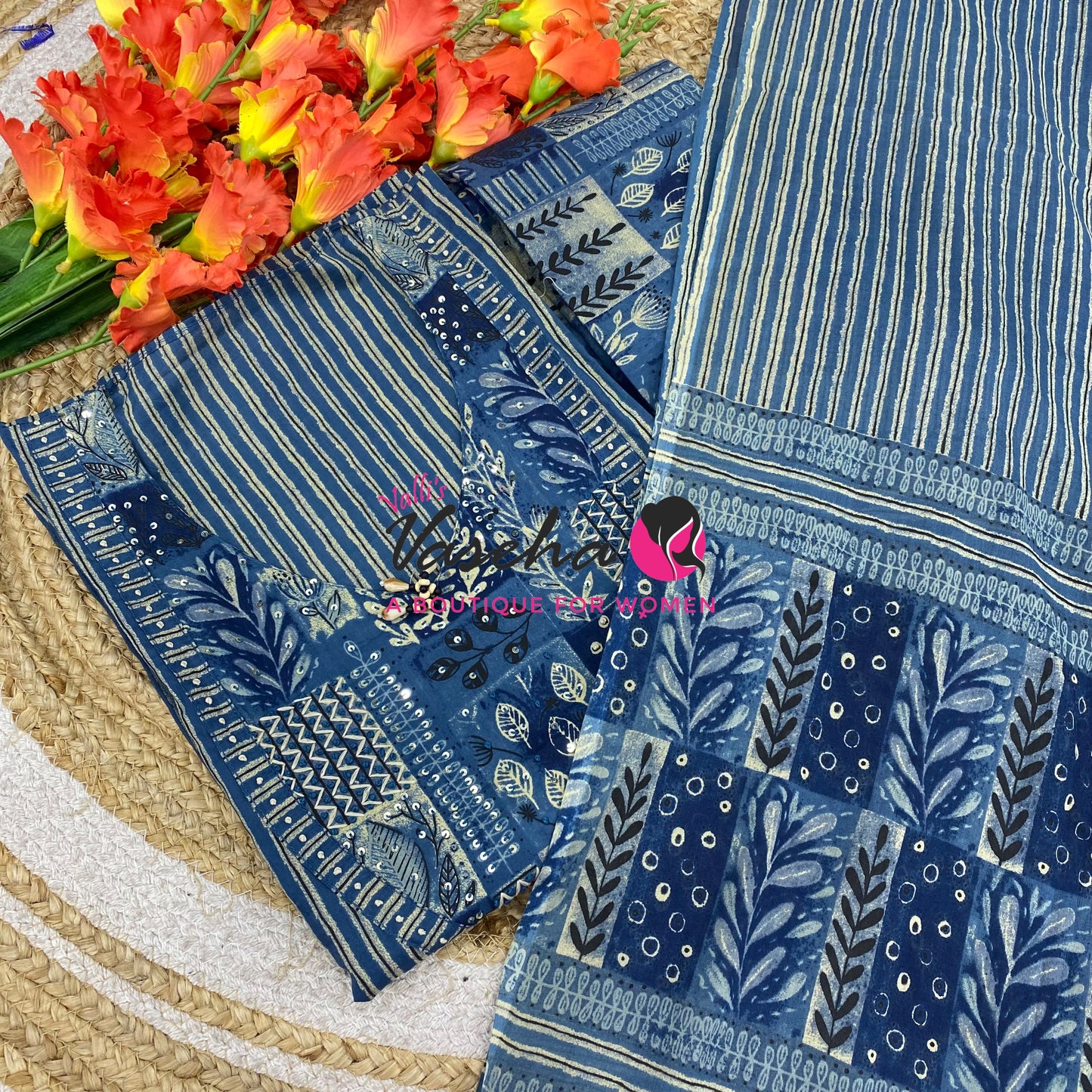 Unstitched Material | Fancy Cotton Material | Blue Shade | VVUSM086