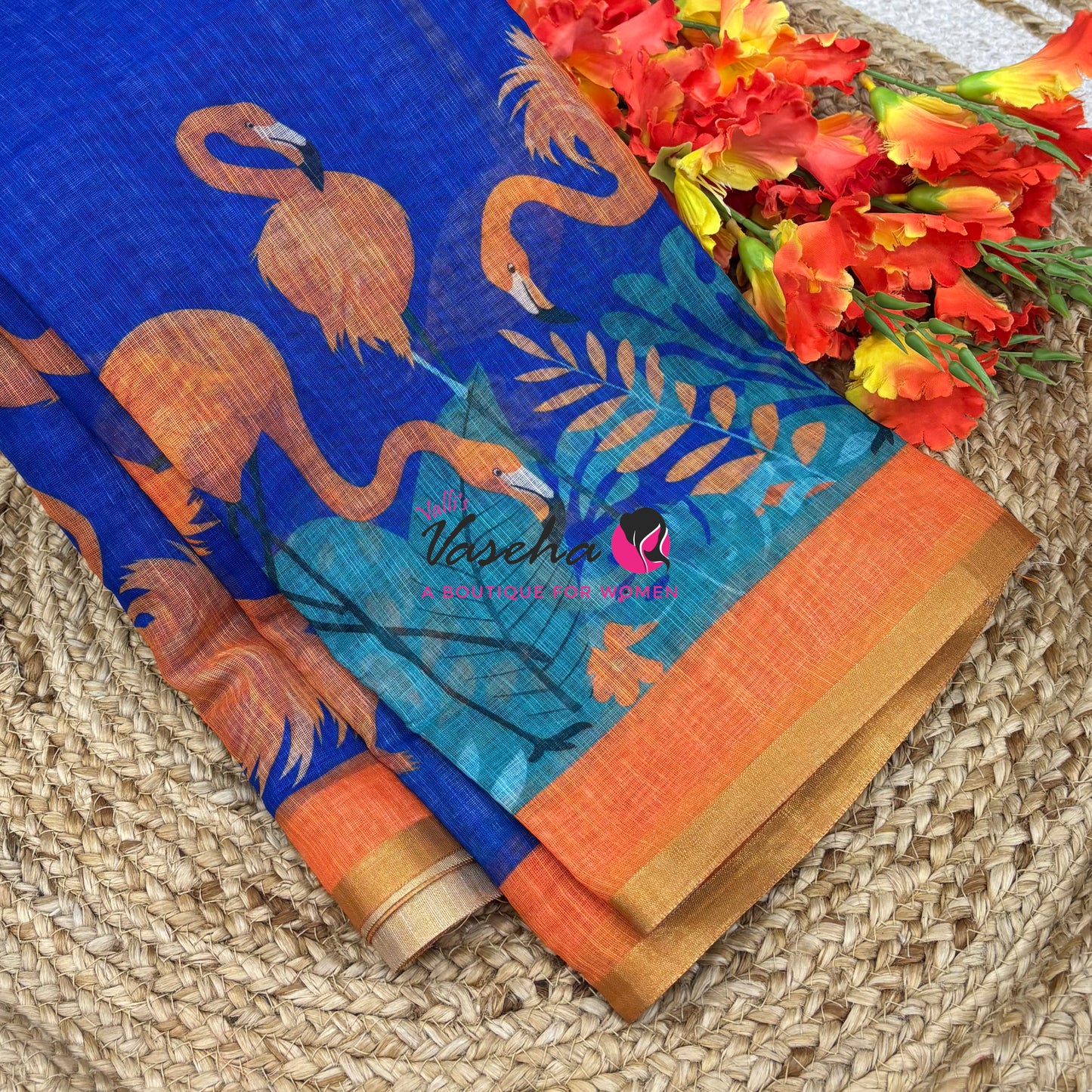 Linen Mixed Cotton Saree - Printed - Blue With Blue Shade - VVLMP002