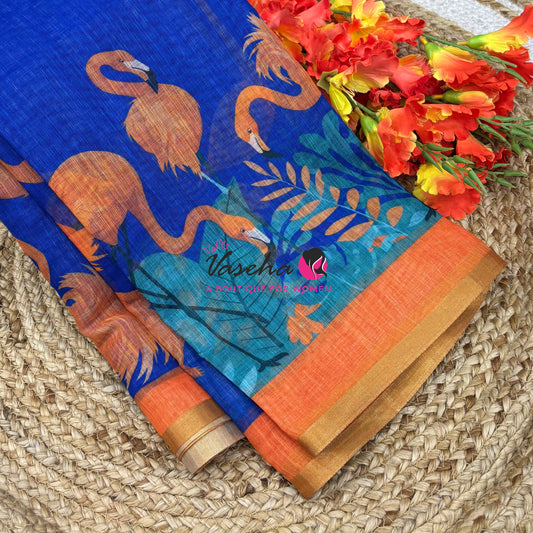 Linen Mixed Cotton Saree - Printed - Blue With Blue Shade - VVLMP002