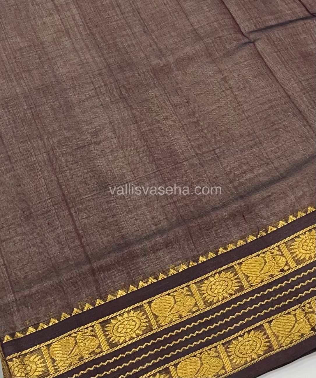 Pure Korvai Silk Cotton - Retta Petta Border - Cream( Half White )with Brown Combo - VVKSC010