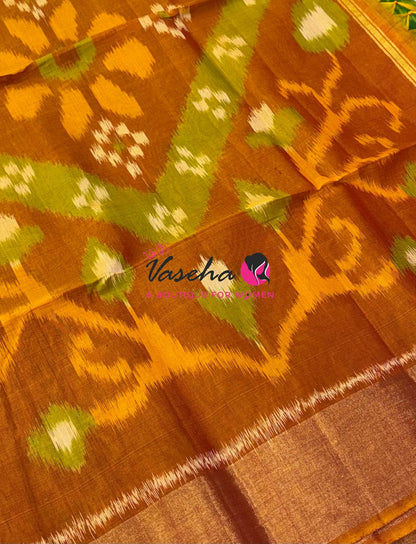 Pochampally Silk Cotton Saree - Green & Orange Shade - VVPPS001