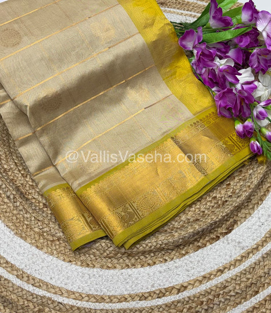 Pure Silk Cotton Saree - Mayil & Chakkaram Design - Cream With Lemon yellow Shade - VVMC001