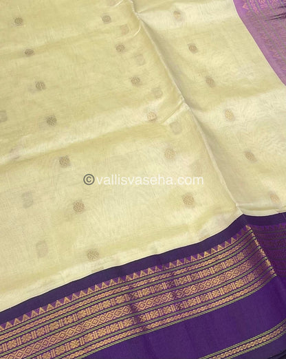 Pure Korvai Silk Cotton Saree -Half white with Purple - Retta Petta border - VVKSC004