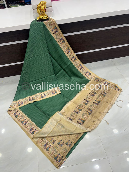 Semi Tussar Silk - Vairavoosi Design - Green & Cream Shade - VVSTS030