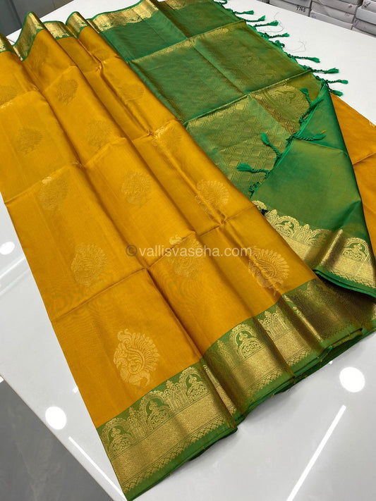 Pure Soft Silk Saree - Yellow With Green Combo - VVPSS015