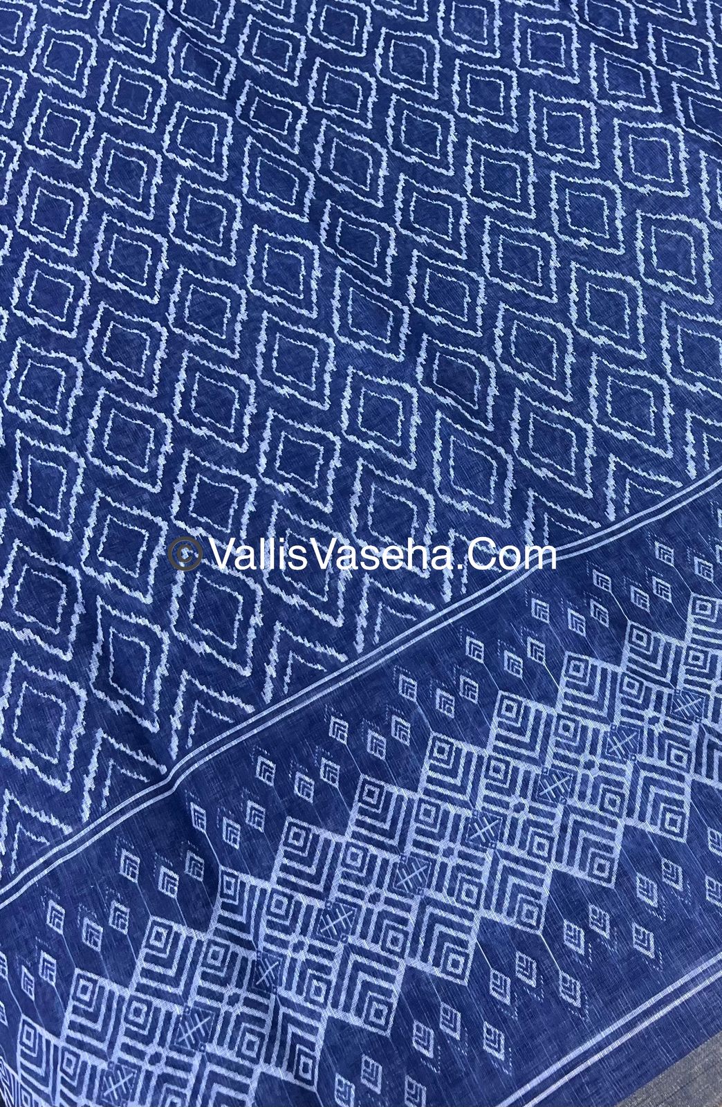 Linen Mixed Cotton Saree - Indigo Blue - Printed - VVLMP001