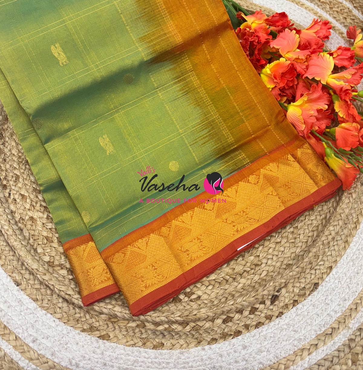 Pure Korvai Silk Cotton - Checks Pattern - Dual Tone Green with Orange Shade  - VVKSC035
