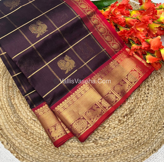 Pure Silk Cotton Saree - Mayil & Chakkaram Design - Brown & Red - VVMC001