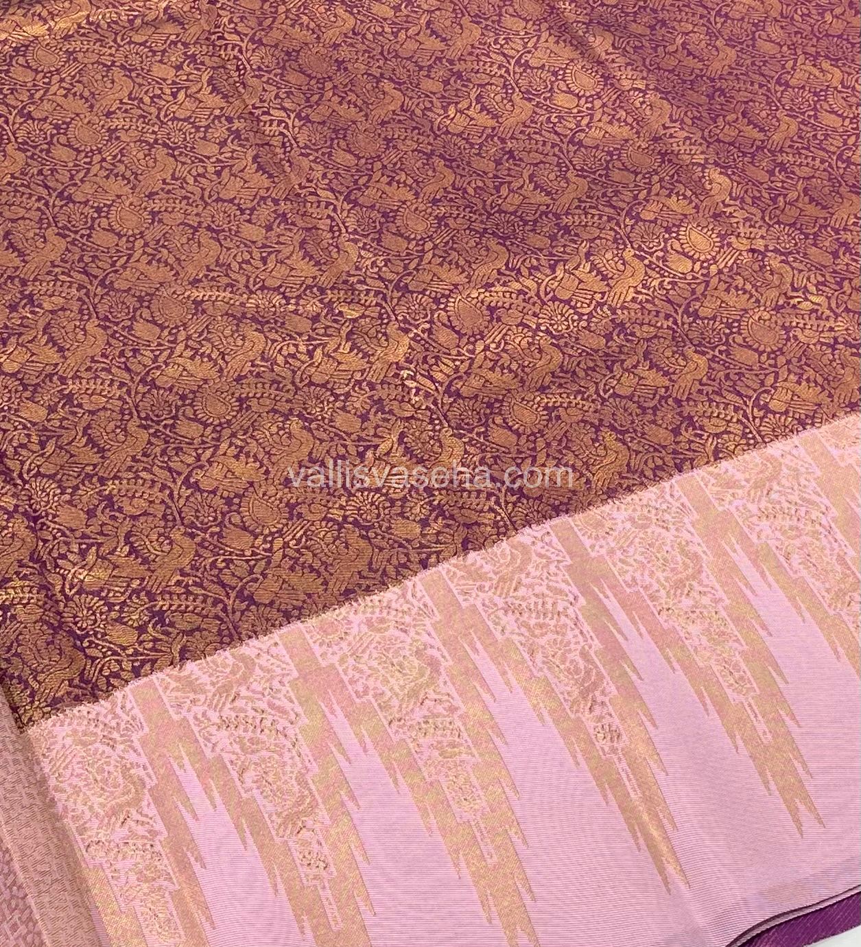 Kanchi Semi Silk - Wine With Baby Pink - Temple Border  - VVKSS001