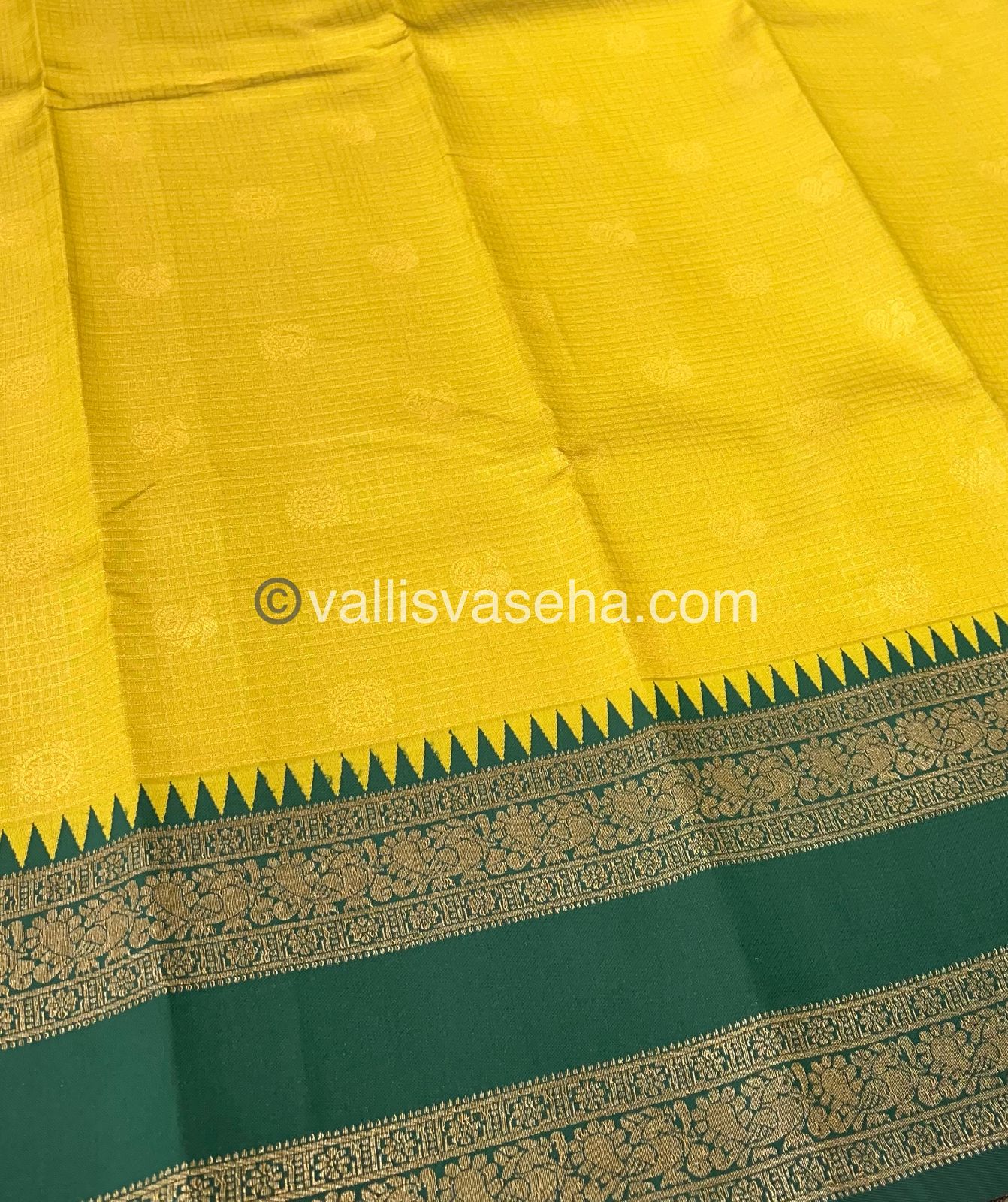 Kanchi Semi Silk - Mayil & Chakkaram design - Yellow with Green - VVKSS001