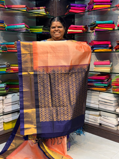 Pure Korvai Silk Cotton Saree - Peach with Blue Combo - Temple border - VVKSC001