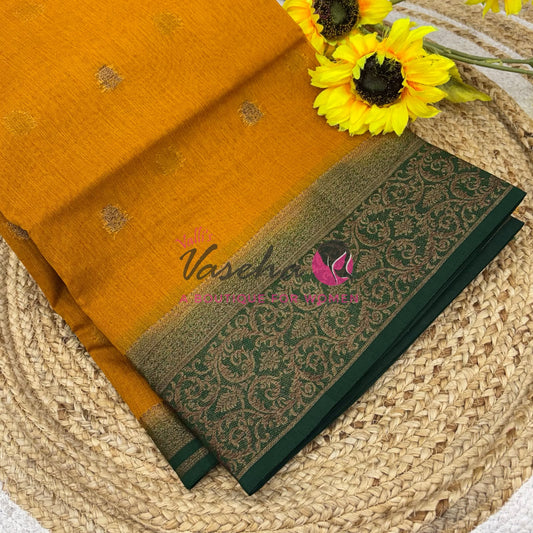 Bamboo Silk Saree- Yellow with Green Shade - VVBSS015
