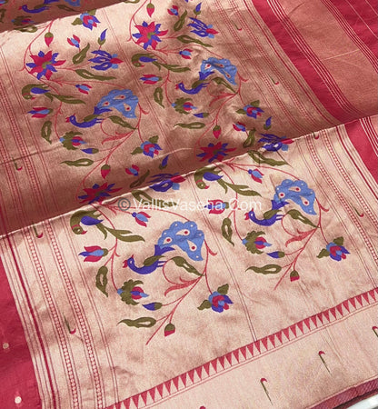 Semi Raw Silk - Paithani Design Weaving - Reddish Pink Shade - VVRS005