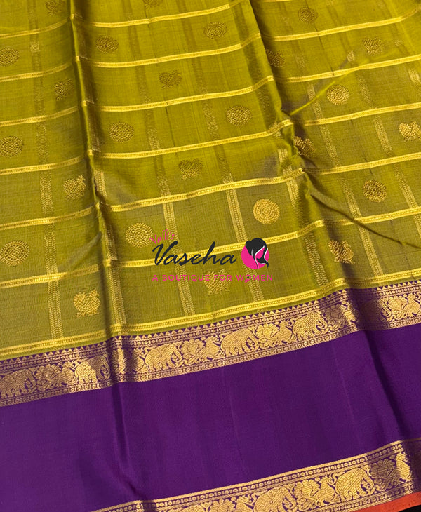 Pure Bridal Kanchipuram Silk Saree -  Green & Purple Combo - VVPS076