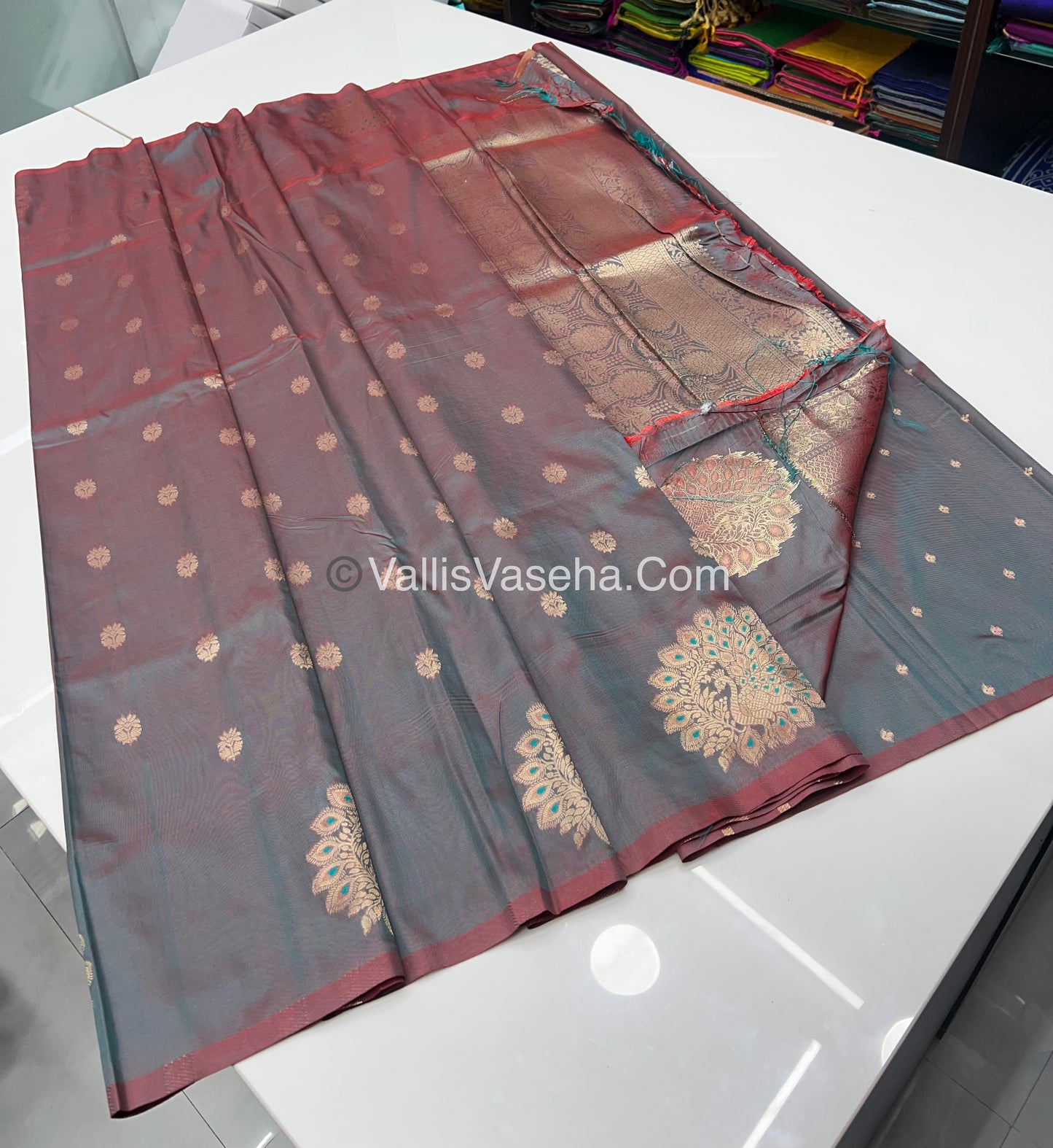 Semi Soft Silk - Peacock Butta Border - Greenish Grey Shade -VVSSS011