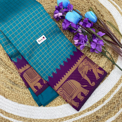 Semi Silk Saree - Kanchi Silk Style - Elephant Border - Ramar Blue with Purple - VVSSS005