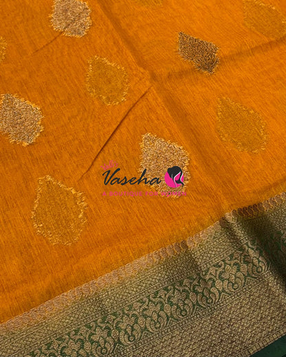 Bamboo Silk Saree - Yellow with Green  - VVBSS018