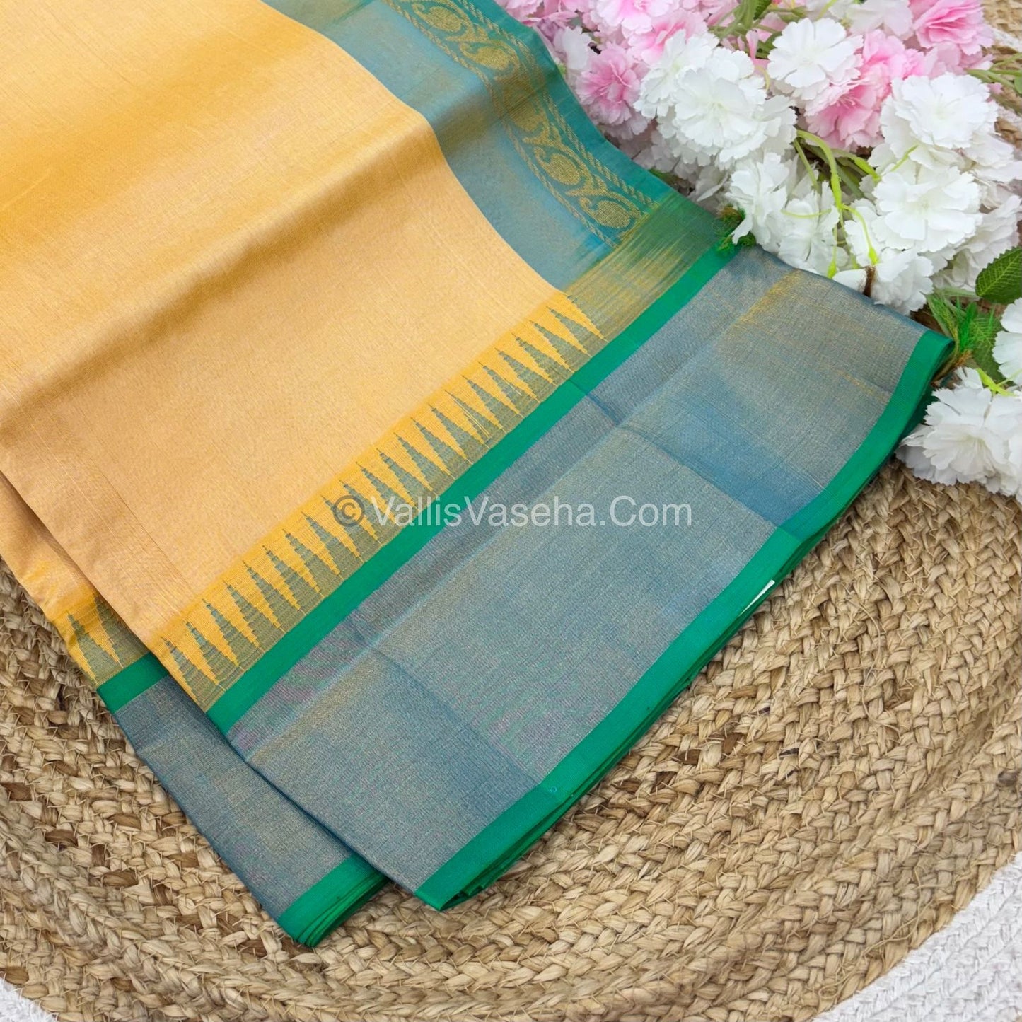 Pure Korvai Silk Cotton Saree - Cream With Blue Shade Temple border - VVKSC001