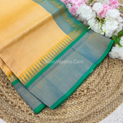 Pure Korvai Silk Cotton Saree - Cream With Blue Shade Temple border - VVKSC001