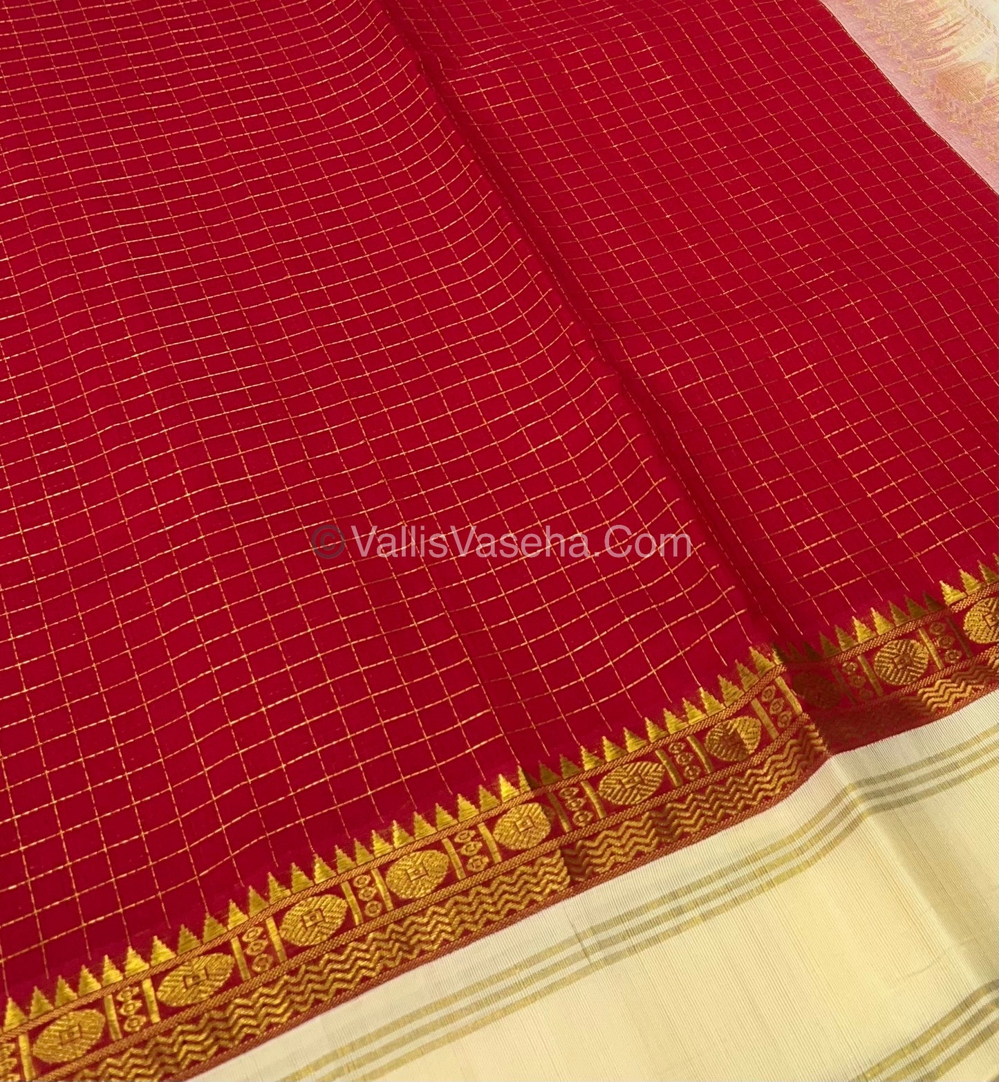 Pure Korvai Silk Cotton - Retta Petta Border - Red with Half White( Light Cream) Combo - VVKSC010