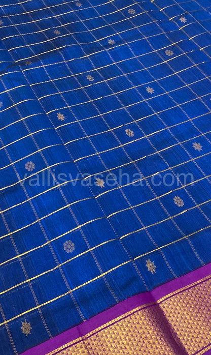 Pure Korvai Silk Cotton - Checks Pattern - Blue with Purple Shade  - VVKSC015