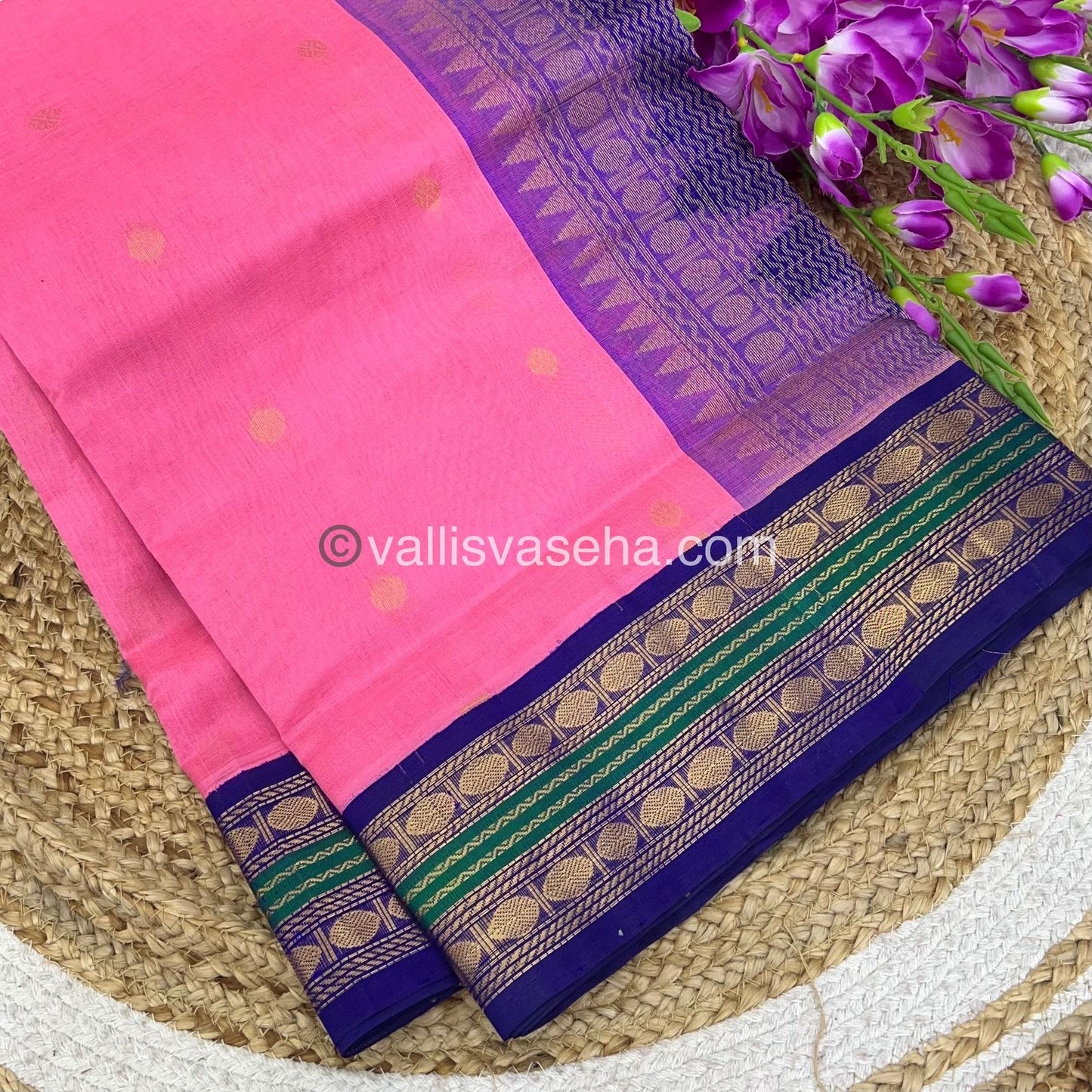 Pure Korvai Silk Cotton Saree - Pink with Blue - VVKSC004