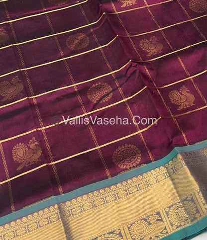 Pure Silk Cotton Saree - Mayil & Chakkaram Design - Wine With Blue - VVMC001
