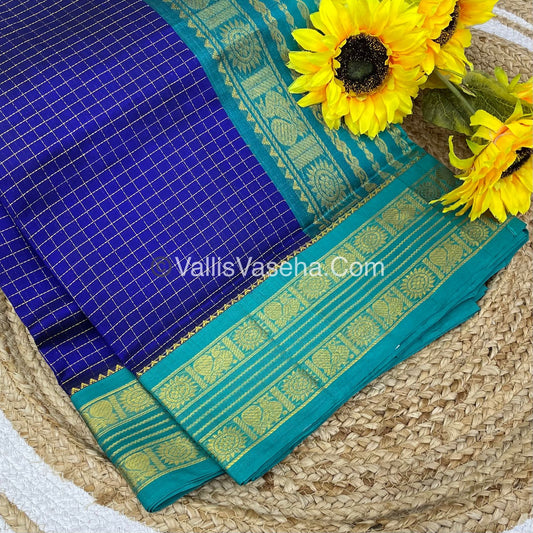 Pure Korvai Silk Cotton - Retta Petta Border - Blue With Turquoise Blue Combo - VVKSC010
