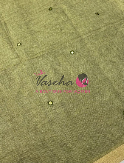 Linen Tissue Saree - Mirror Work Embroidery - Green With Light Orange Shade - VVLTS001