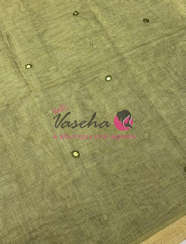 Linen Tissue Saree - Mirror Work Embroidery - Green With Light Orange Shade - VVLTS001