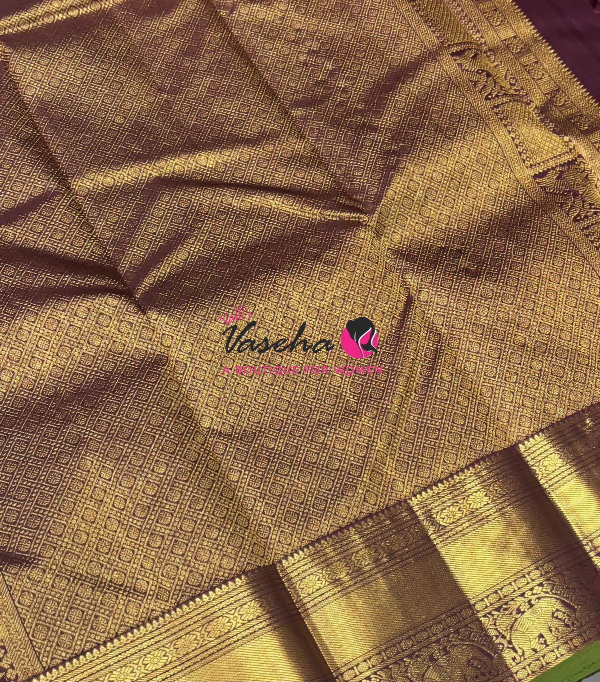 Pure Kanchipuram Silk Saree - Vairavoosi Design  - Onion Pink & Wine Brown Combo - VVPS059