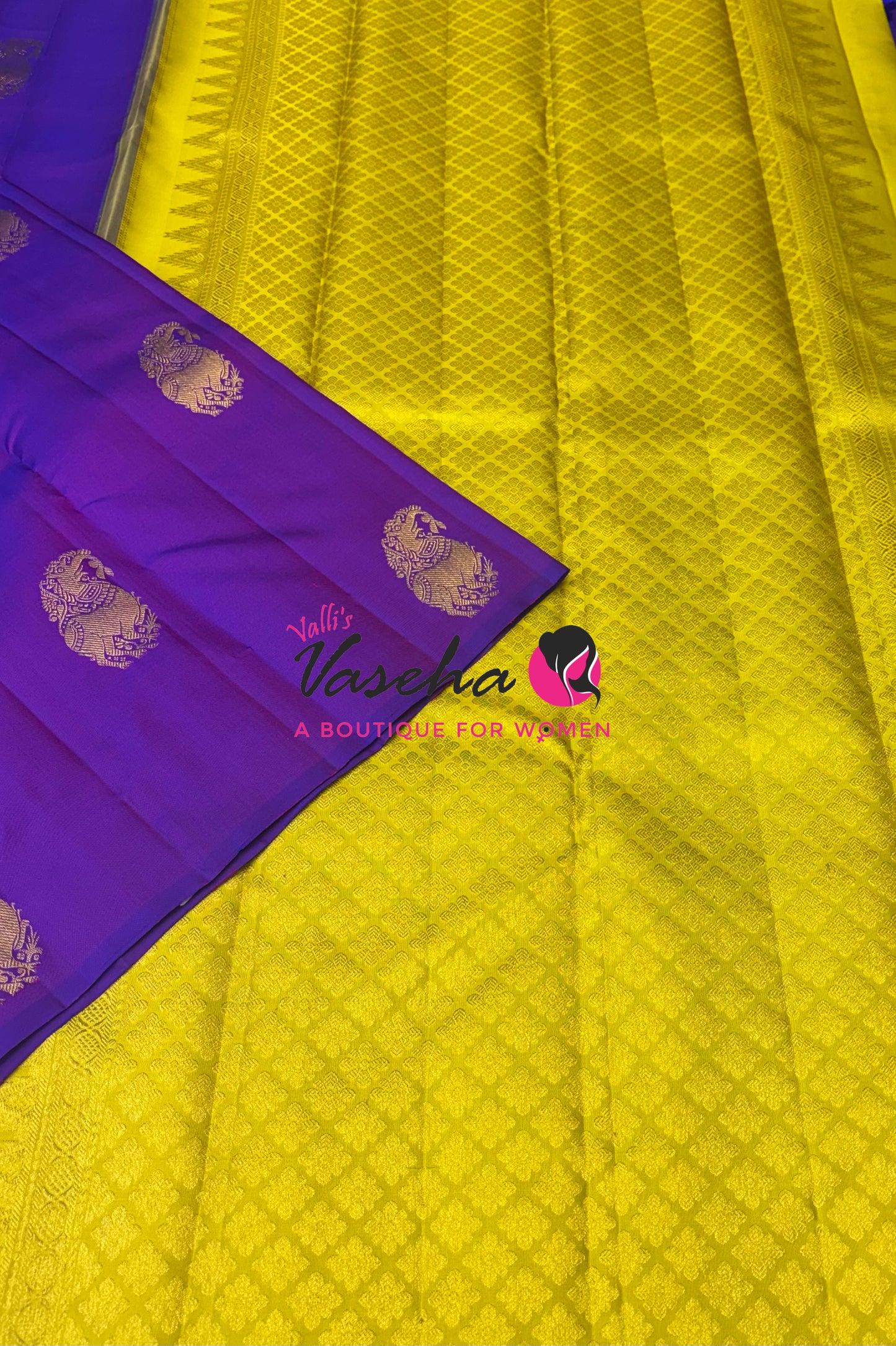 Pure Kanchipuram Silk Saree - Border Less - Purple with Lemon Green Combo - VVPS043