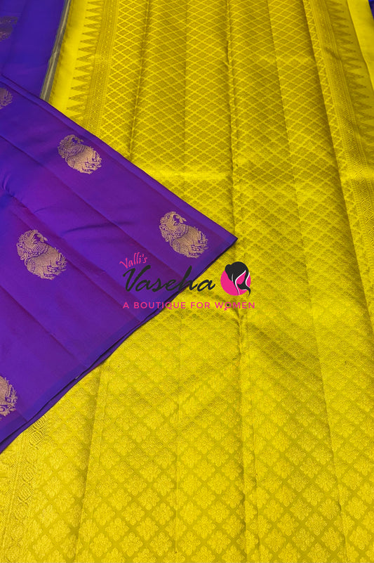 Pure Kanchipuram Silk Saree - Border Less - Purple with Lemon Green Combo - VVPS043