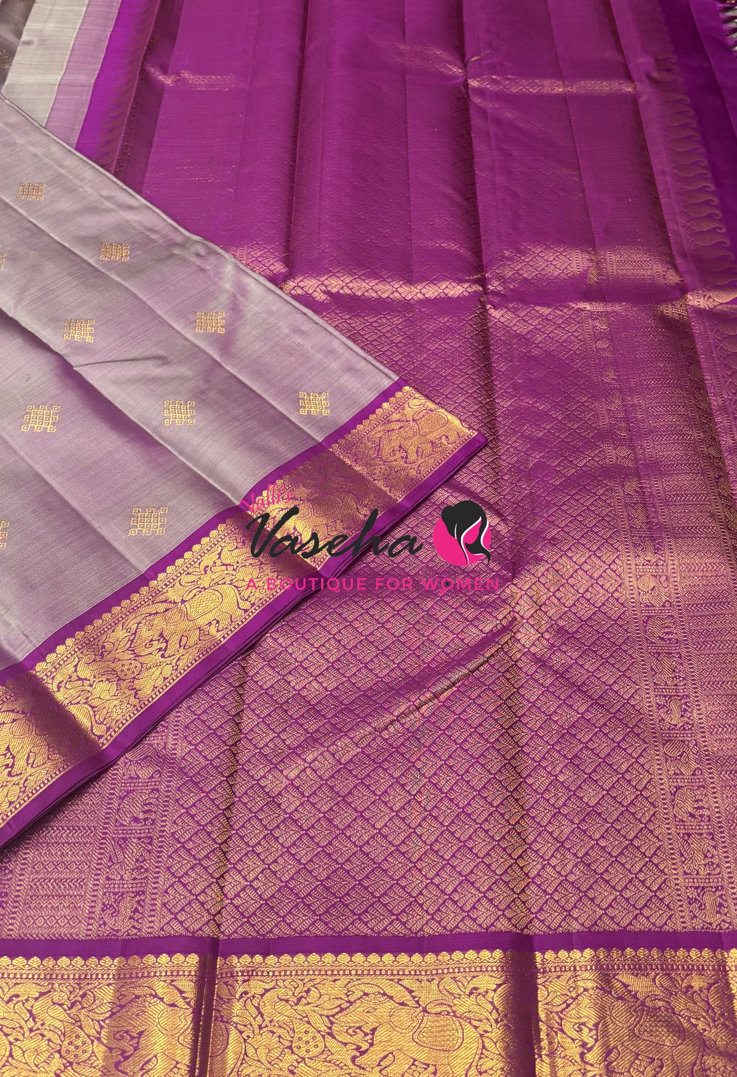 Pure Kanchipuram Silk Saree - Dual Tone Greenish Grey & Purple Combo - VVPS025