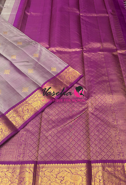 Pure Kanchipuram Silk Saree - Dual Tone Greenish Grey & Purple Combo - VVPS025