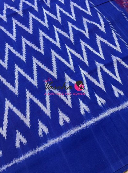 Double Ikkat Pure Cotton Saree -  Blue With Red  - VVIKS002