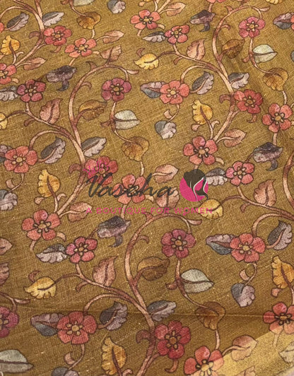 Linen Tissue Saree - Mirror Work Embroidery - Peach With Mustard Yellow Shade - VVLTS001