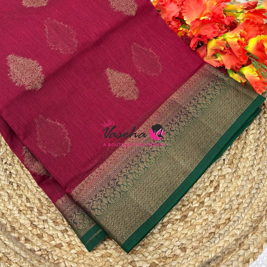 Bamboo Silk Saree - Red With Green - VVBSS018