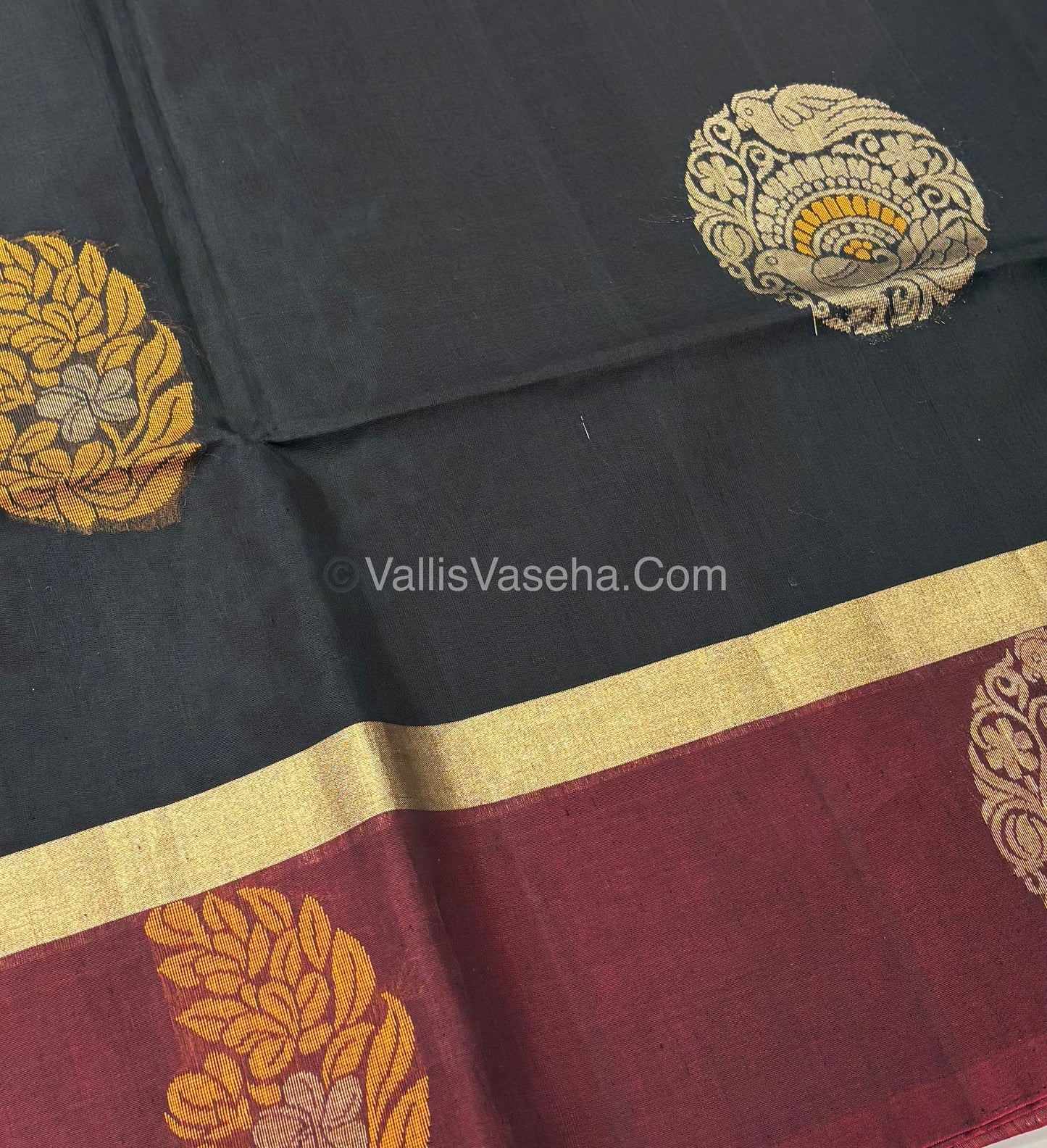 Kora Silk Saree - SICO -  Black With Maroon Shade  - VVKS002