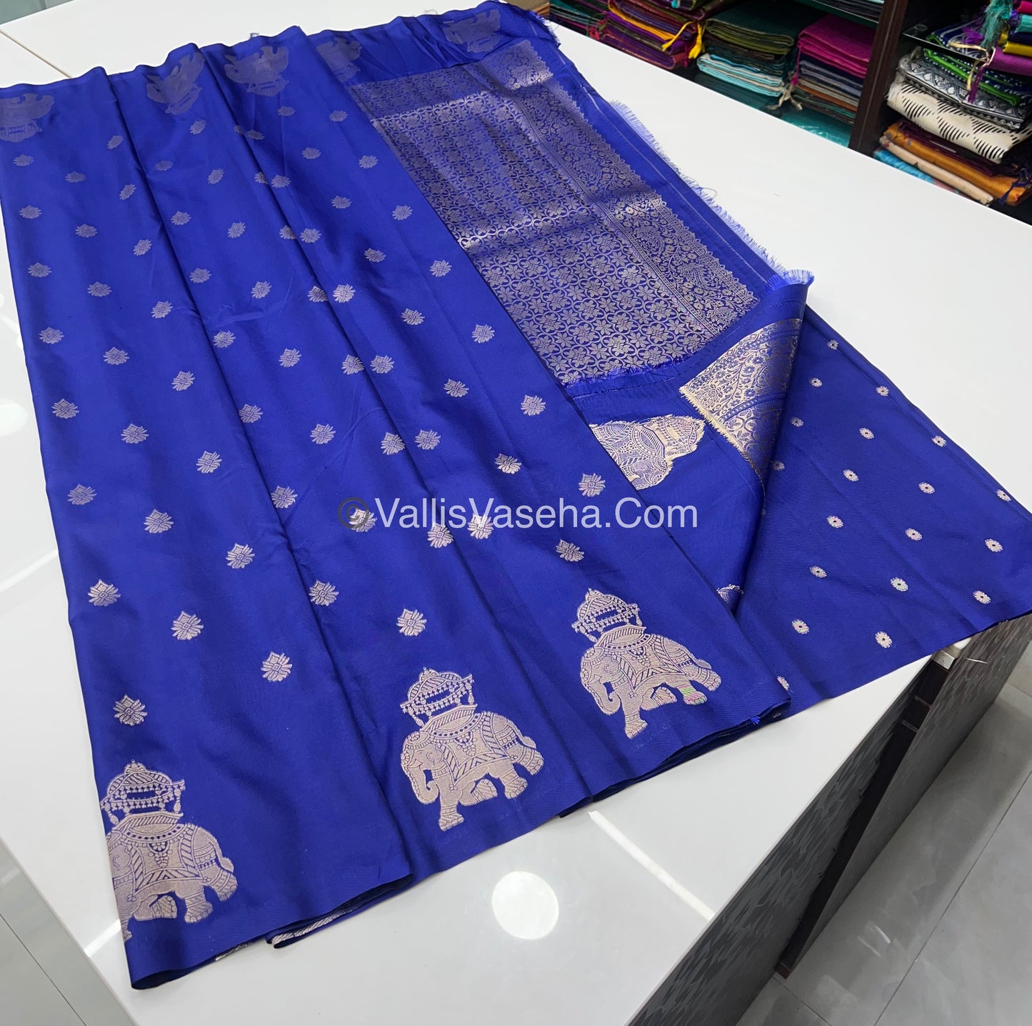 Semi Soft Silk - Elephant Butta Border - Blue Shade -VVSSS011