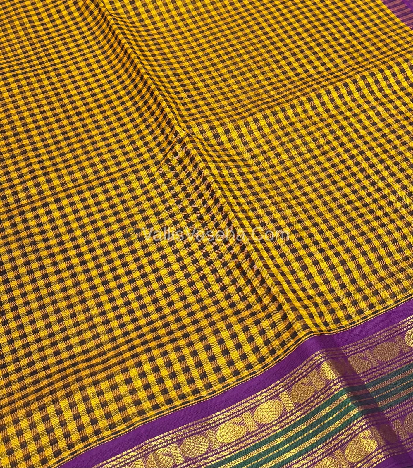 Pure Korvai Silk Cotton - Podi Kattam - Retta Petta Border - Yellow & Black & with Purple - VVKSC003