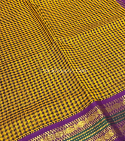 Pure Korvai Silk Cotton - Podi Kattam - Retta Petta Border - Yellow & Black & with Purple - VVKSC003
