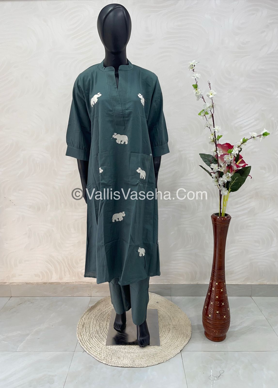 Trendy Pure Cotton - Co-ord Set - A line - Elephant Embroidery- Pastel Green Shade - VVRCS002