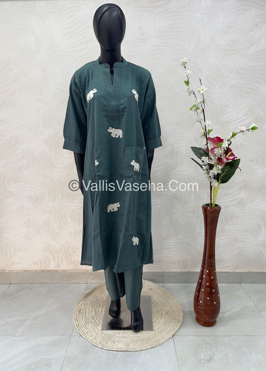 Trendy Pure Cotton - Co-ord Set - A line - Elephant Embroidery- Pastel Green Shade - VVRCS002
