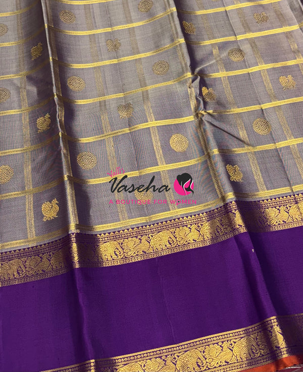 Pure Bridal Kanchipuram Silk Saree -  Grey & Purple Combo - VVPS076