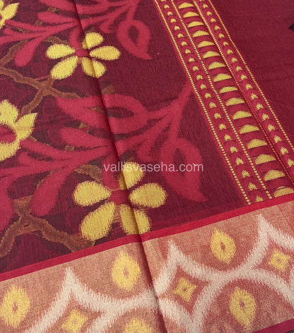Banarasi Pochampally Weaving Semi Soft Cotton Saree - Green with Merun - VVBPS001